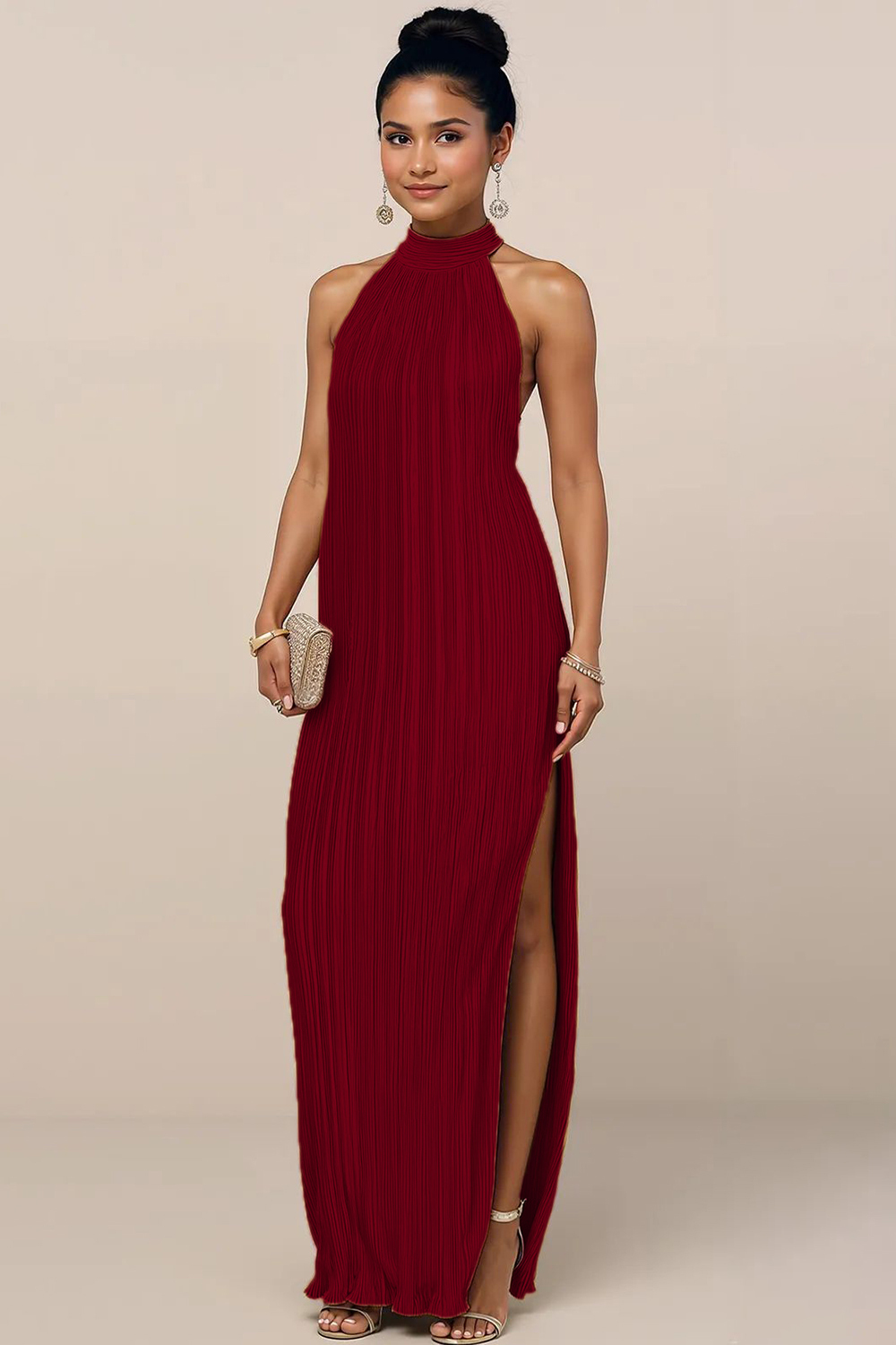 Modecrush Ruched Yellow Satin Halter A-Line Dress with Pleats