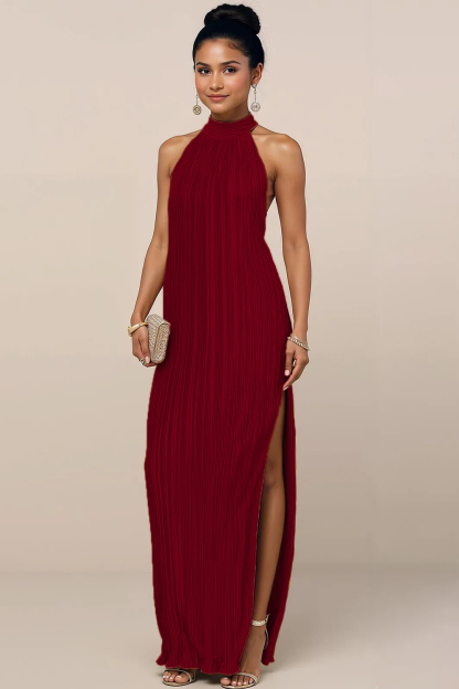 Modecrush Ruched Yellow Satin Halter A-Line Dress with Pleats