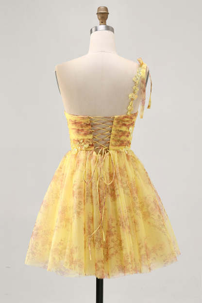 Yellow A-Line One Shoulder Sequins Printed Homecoming Dress