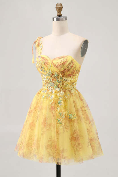 Yellow A-Line One Shoulder Sequins Printed Homecoming Dress