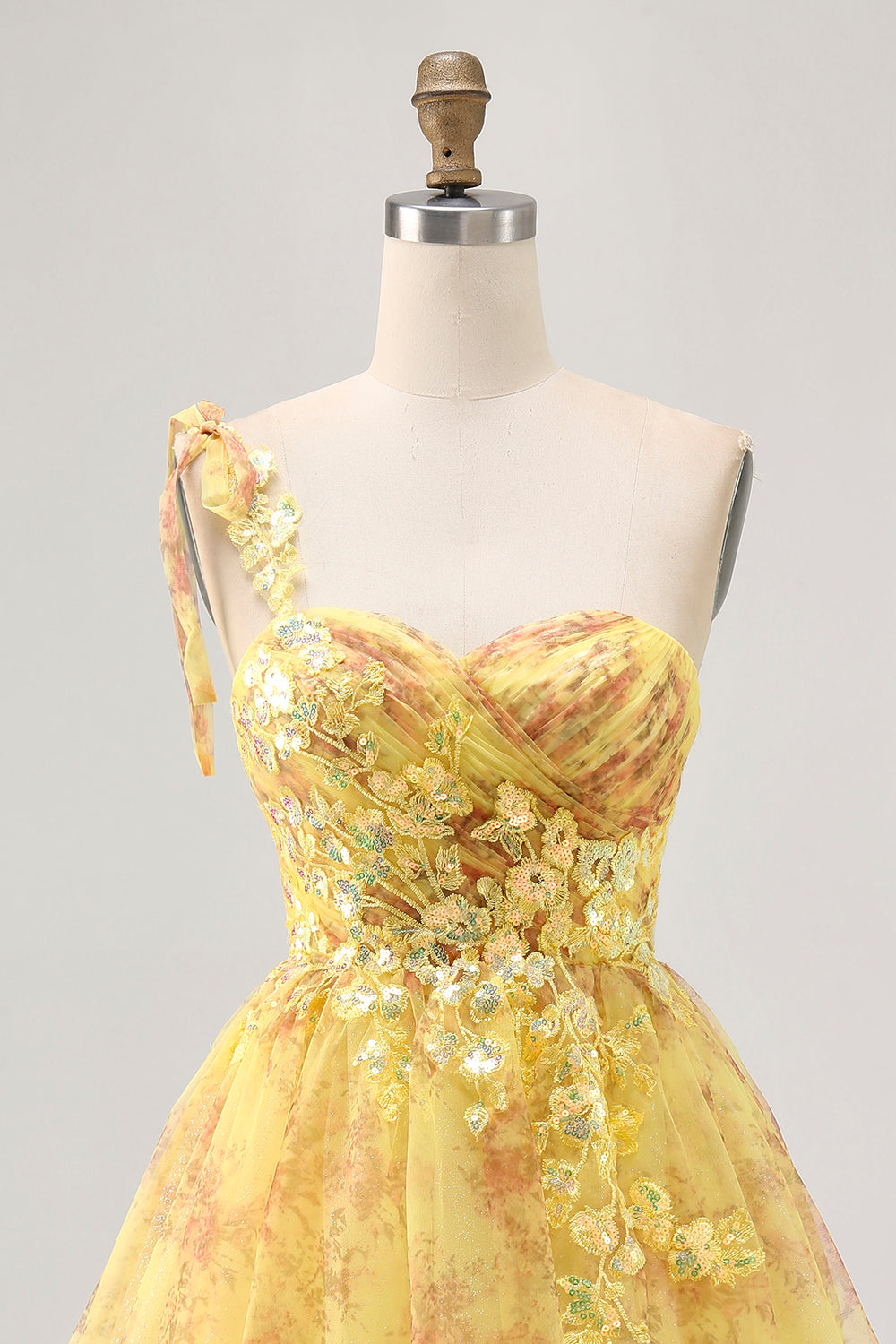 Yellow A-Line One Shoulder Sequins Printed Homecoming Dress