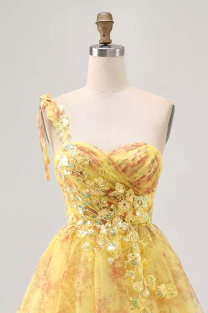 Yellow A-Line One Shoulder Sequins Printed Homecoming Dress