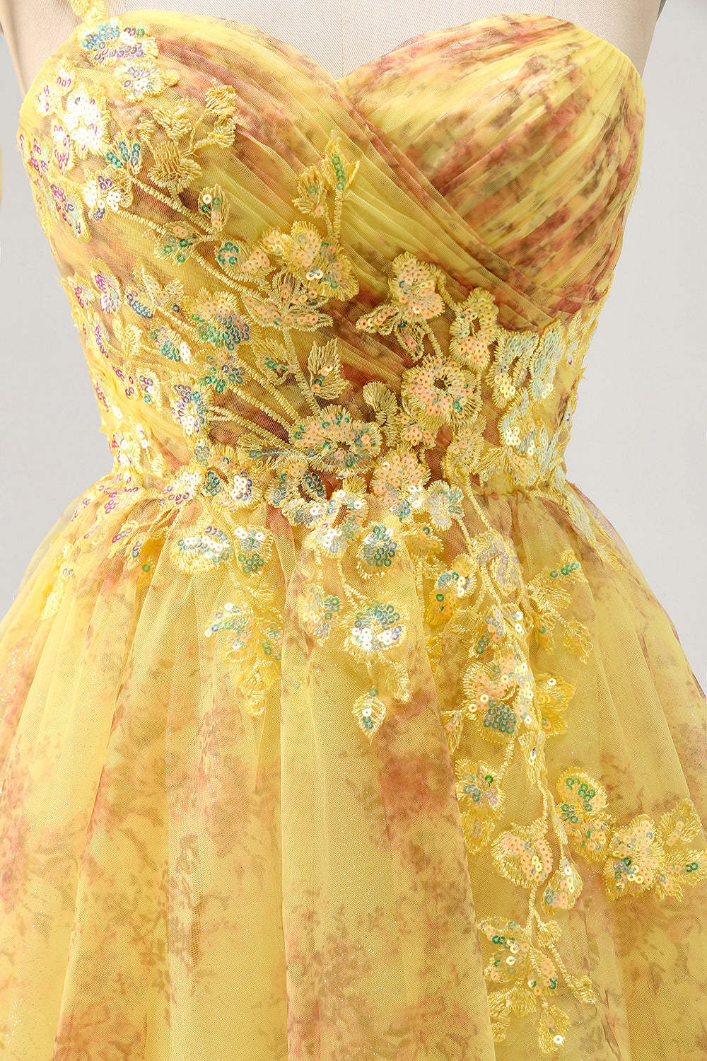 Yellow A-Line One Shoulder Sequins Printed Homecoming Dress