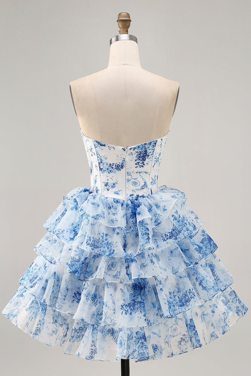 White Blue Flower A-Line Strapless Sequins Printed Homecoming Dress