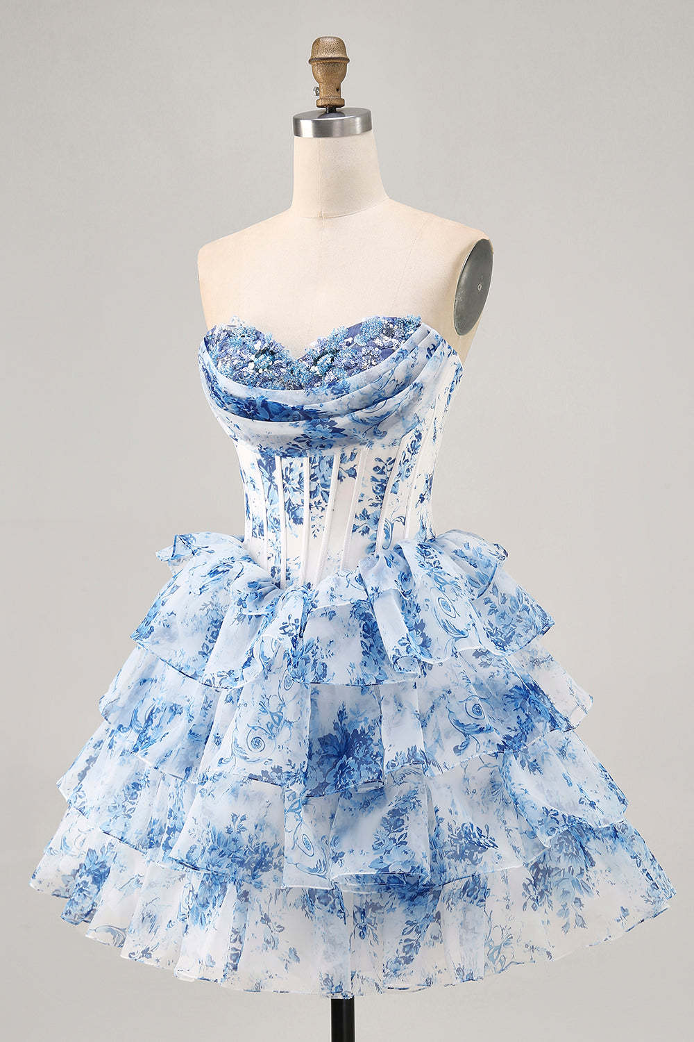 White Blue Flower A-Line Strapless Sequins Printed Homecoming Dress