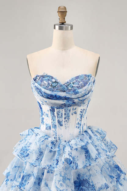 White Blue Flower A-Line Strapless Sequins Printed Homecoming Dress