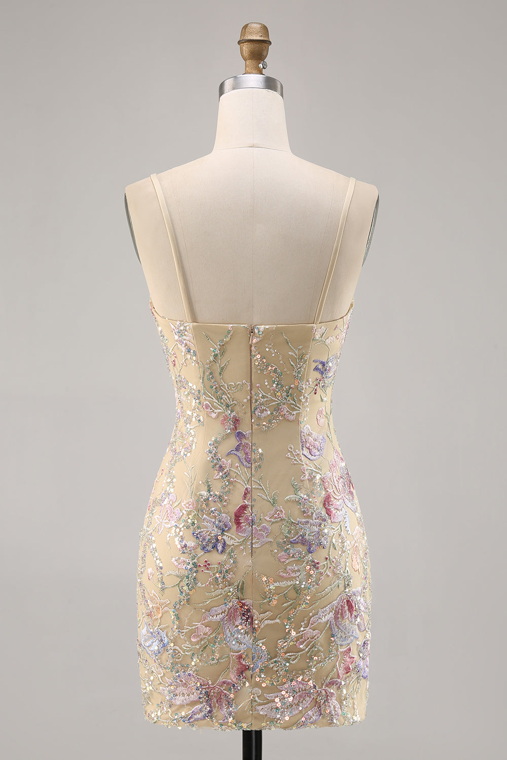Apricot Bodycon Spaghetti Straps Short Homecoming Dress with Embroidery