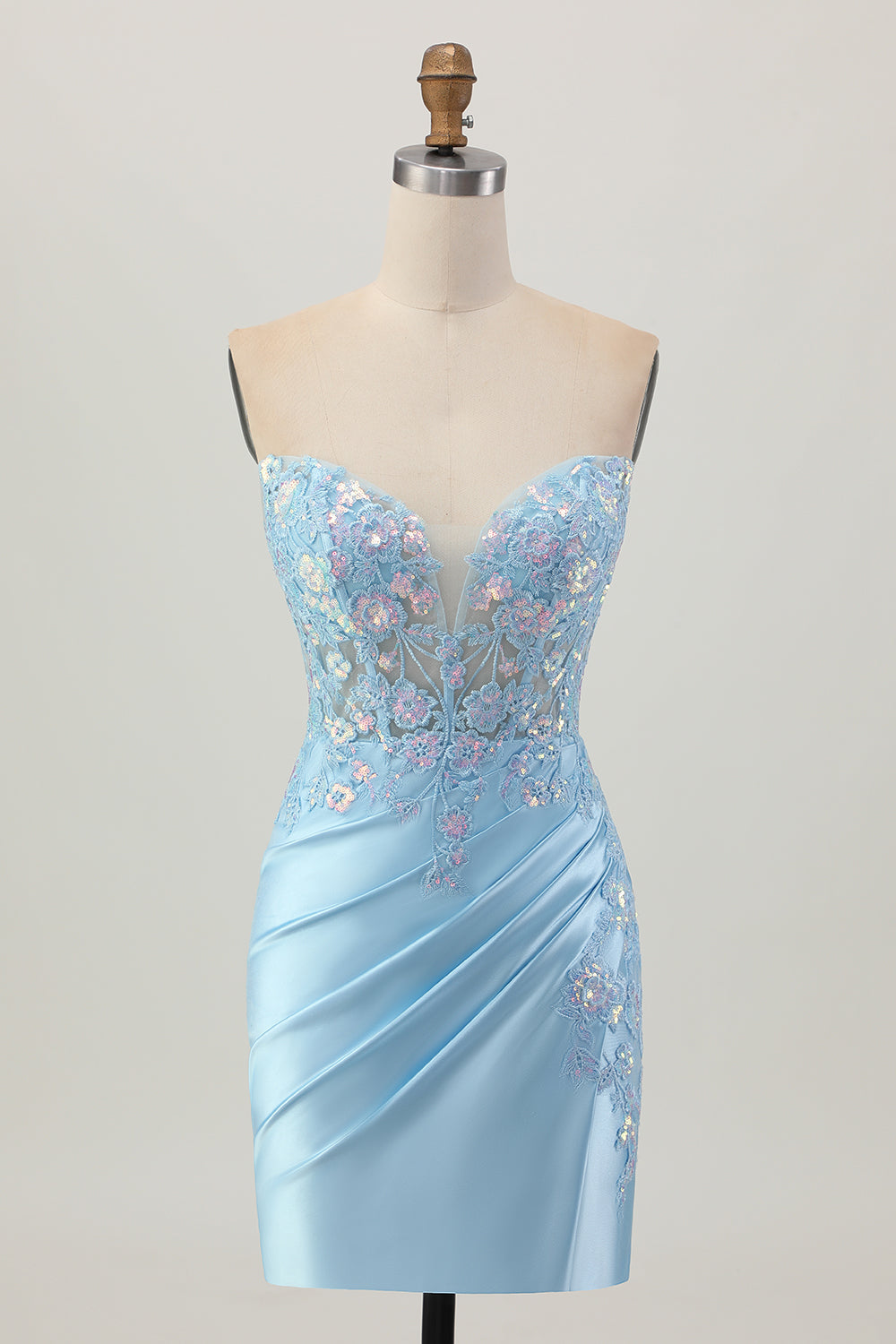 Light Blue Bodycon Strapless Corset Ruched Sequins Short Homecoming Dress