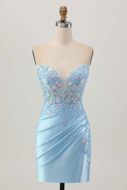 Light Blue Bodycon Strapless Corset Ruched Sequins Short Homecoming Dr