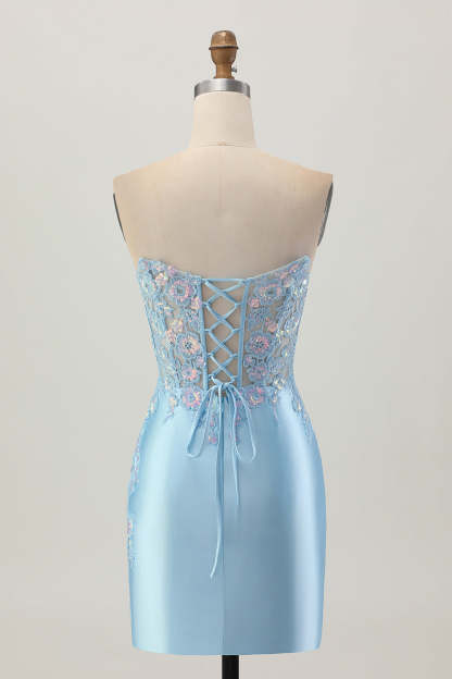 Light Blue Bodycon Strapless Corset Ruched Sequins Short Homecoming Dress