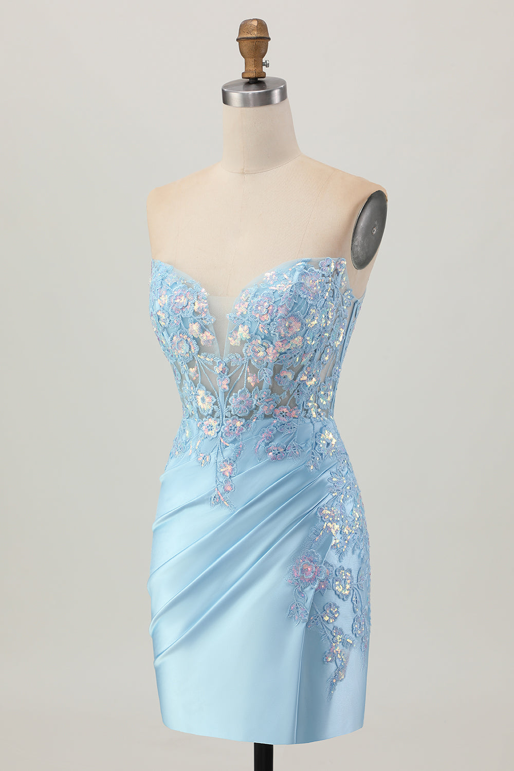 Light Blue Bodycon Strapless Corset Ruched Sequins Short Homecoming Dress