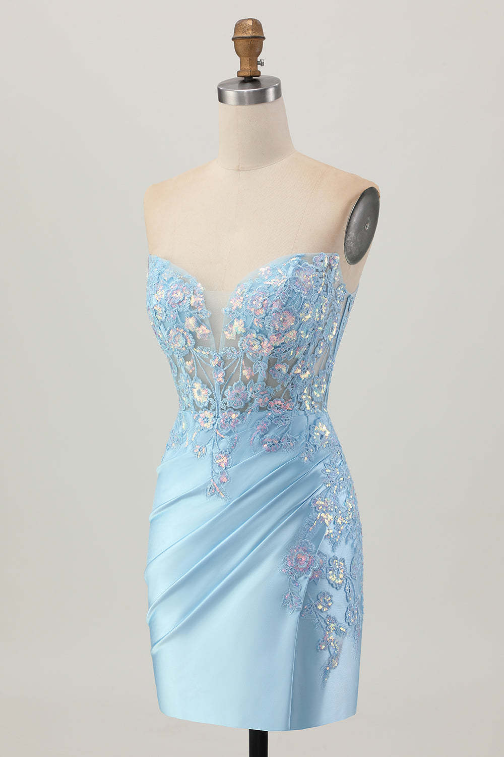 Light Blue Bodycon Strapless Corset Ruched Sequins Short Homecoming Dress