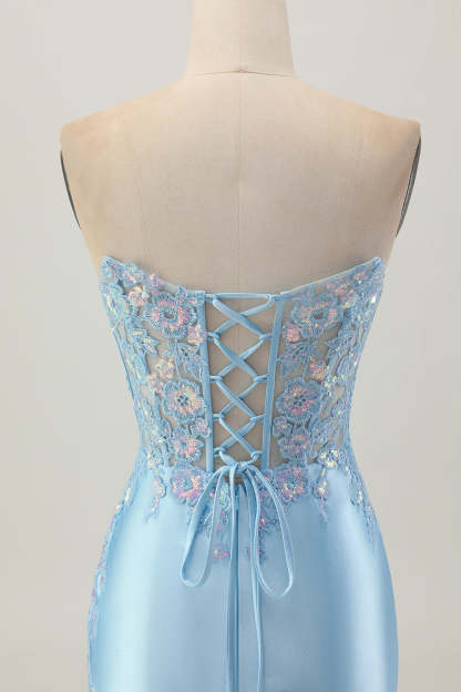Light Blue Bodycon Strapless Corset Ruched Sequins Short Homecoming Dress