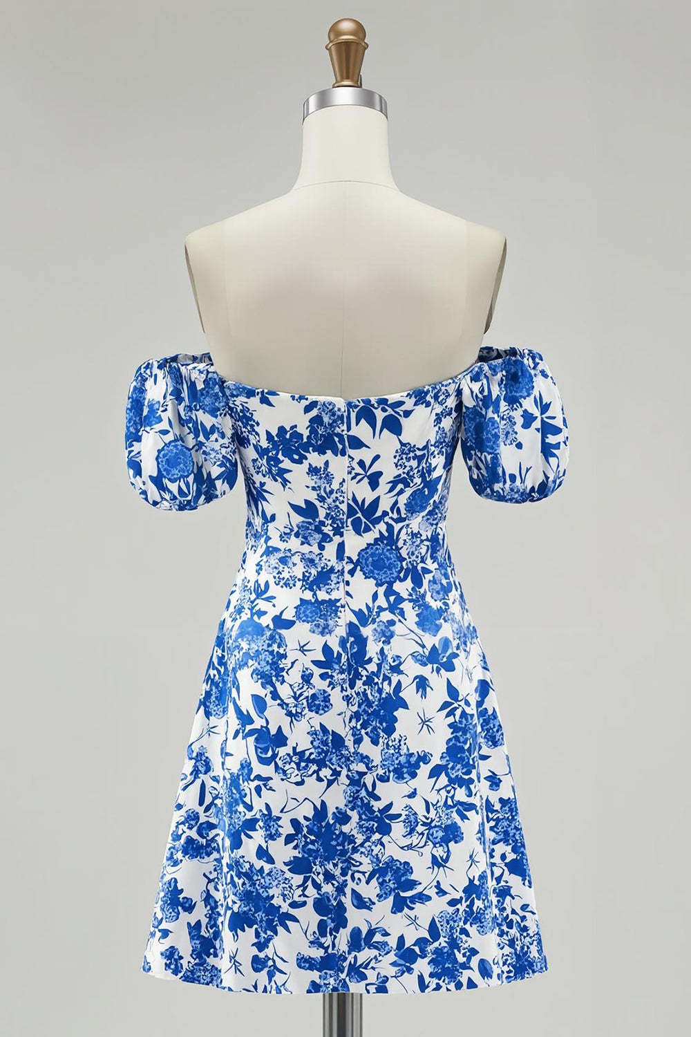 Blue Printed Off The Shoulder Floral A Line Short Homecoming Dress