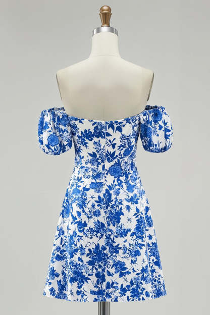Blue Printed Off The Shoulder Floral A Line Short Homecoming Dress