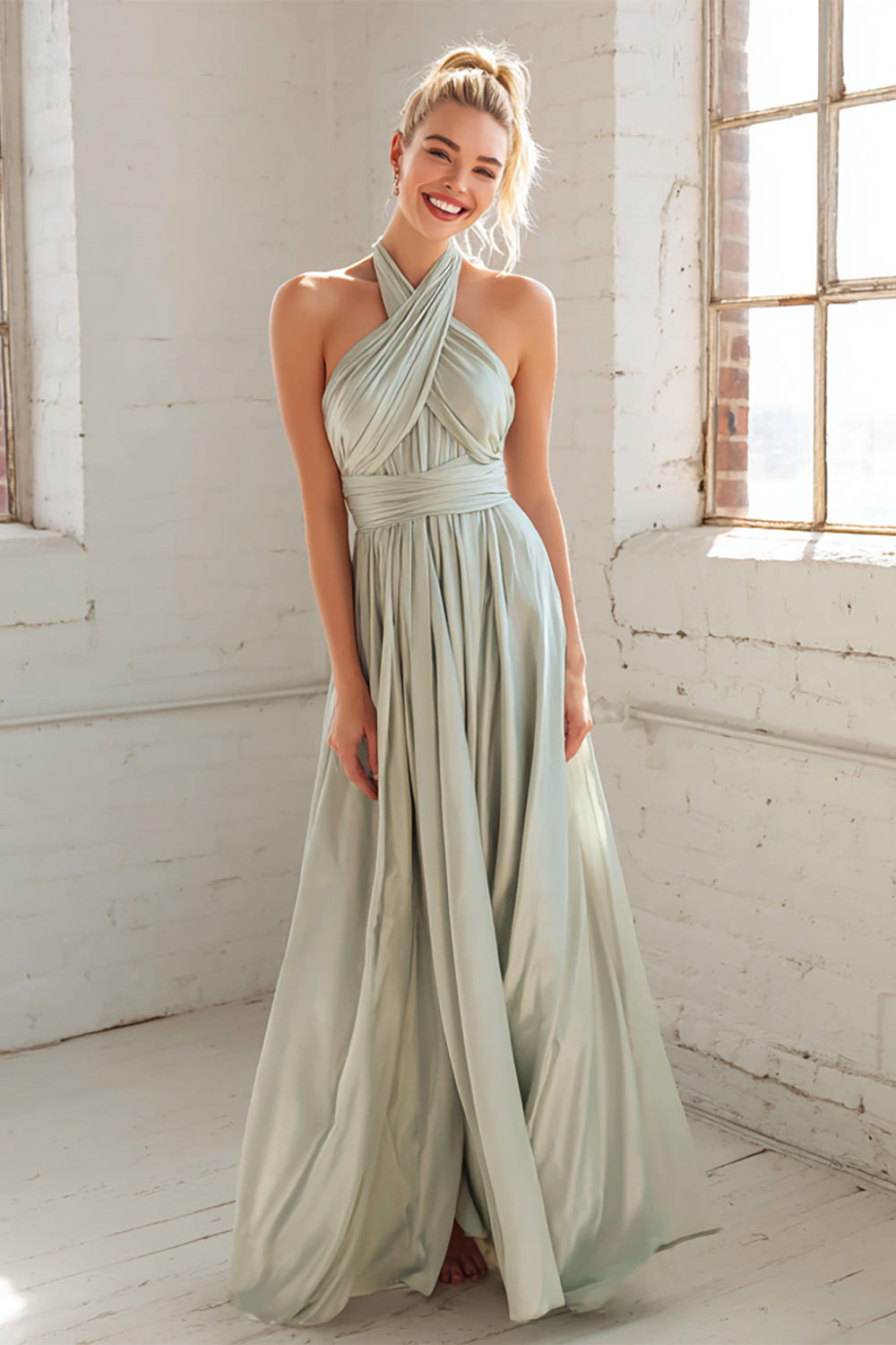 Modecrush Dusty Sage Pleated Halter Backless Long Wedding Guest Dress