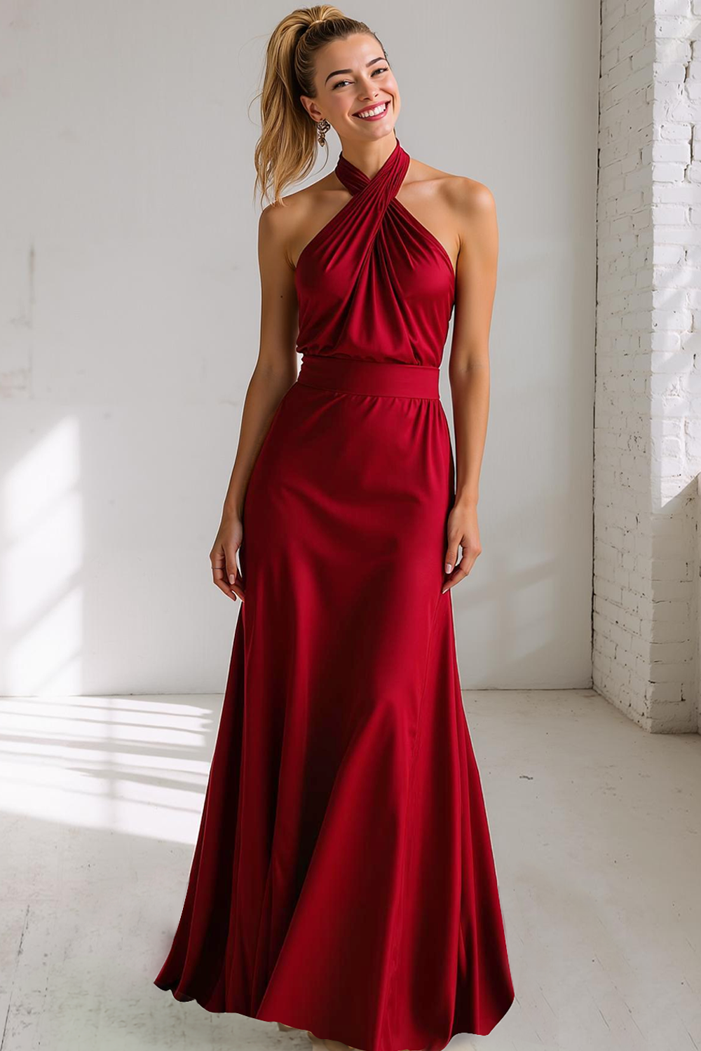 Modecrush Champagne Pleated Organza Halter Backless Long Wedding Guest Dress