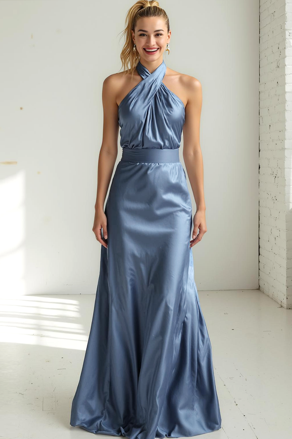 Modecrush Champagne Pleated Organza Halter Backless Long Wedding Guest Dress