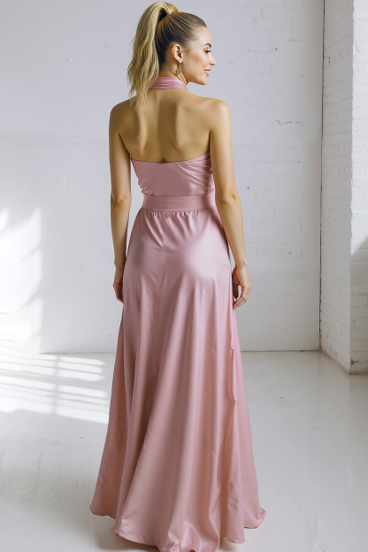 Modecrush Champagne Pleated Organza Halter Backless Long Wedding Guest Dress