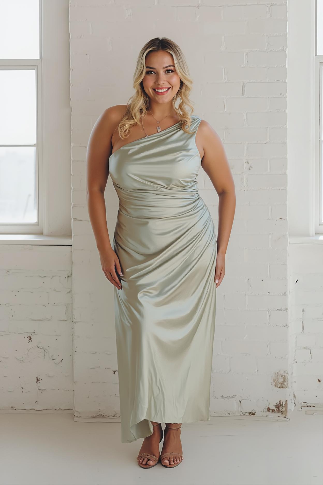Modecrush Dusty Sage Ruched One-Shoulder Backless Bodycon Long Evening Dress