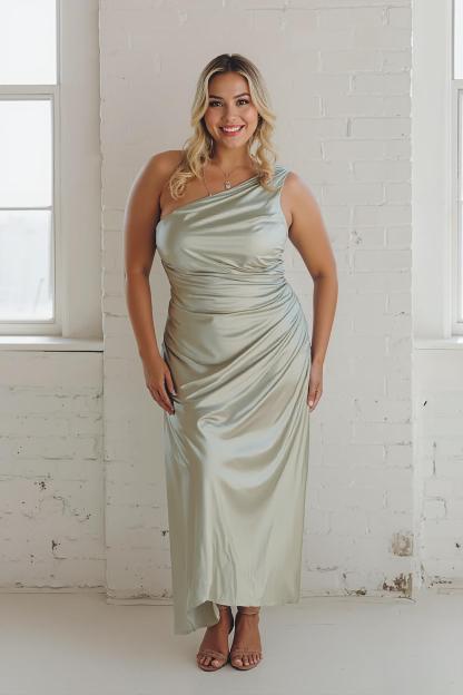 Modecrush Dusty Sage Ruched One-Shoulder Backless Bodycon Long Evening Dress