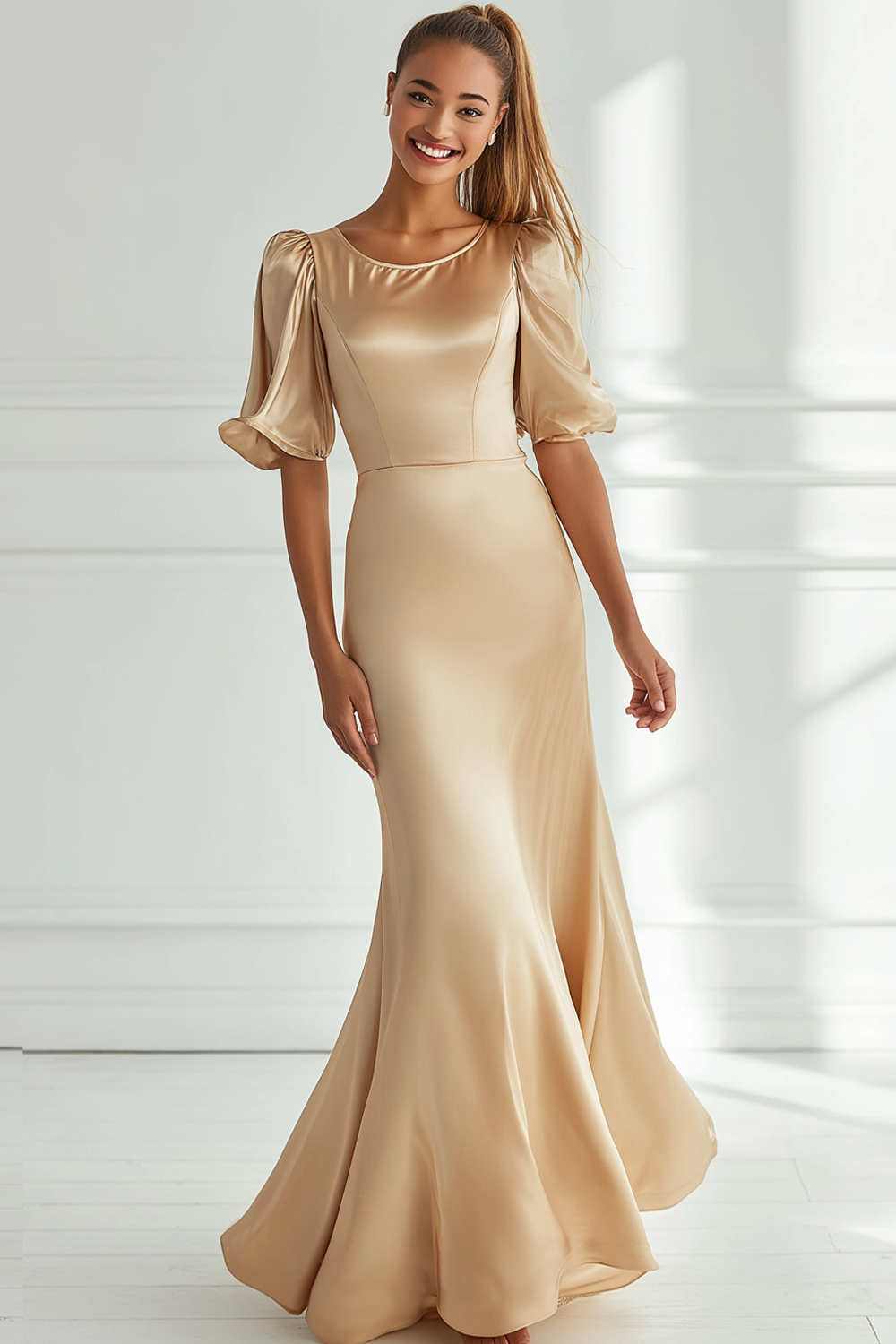 Modecrush Champagne Satin Mermaid Backless Long Formal Dress