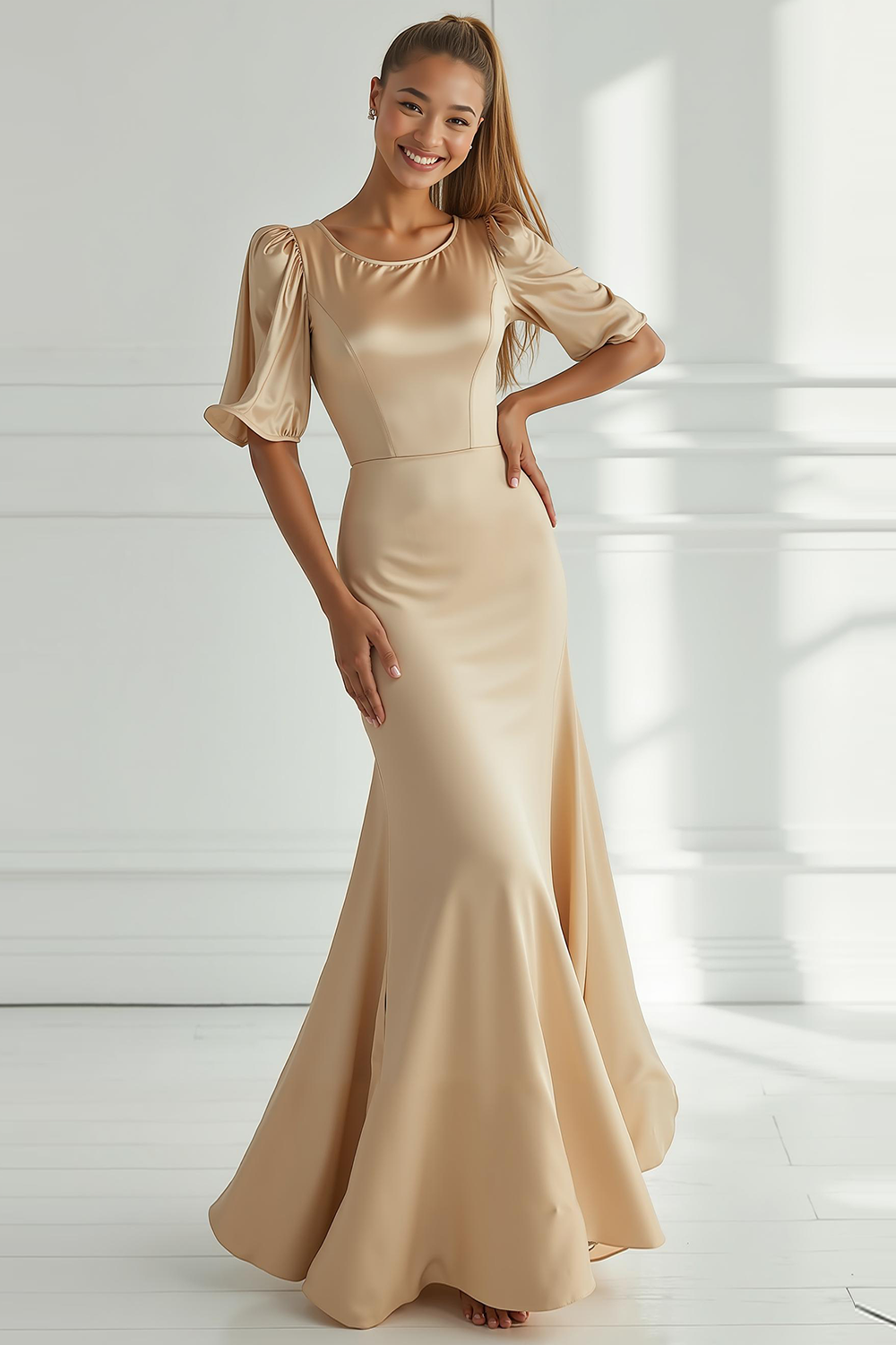 Modecrush Champagne Satin Mermaid Backless Long Formal Dress