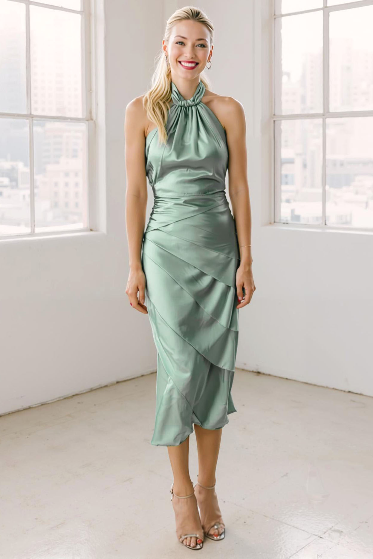 Modecrush Light Pink Ruffled Satin Halter Backless Formal Dress
