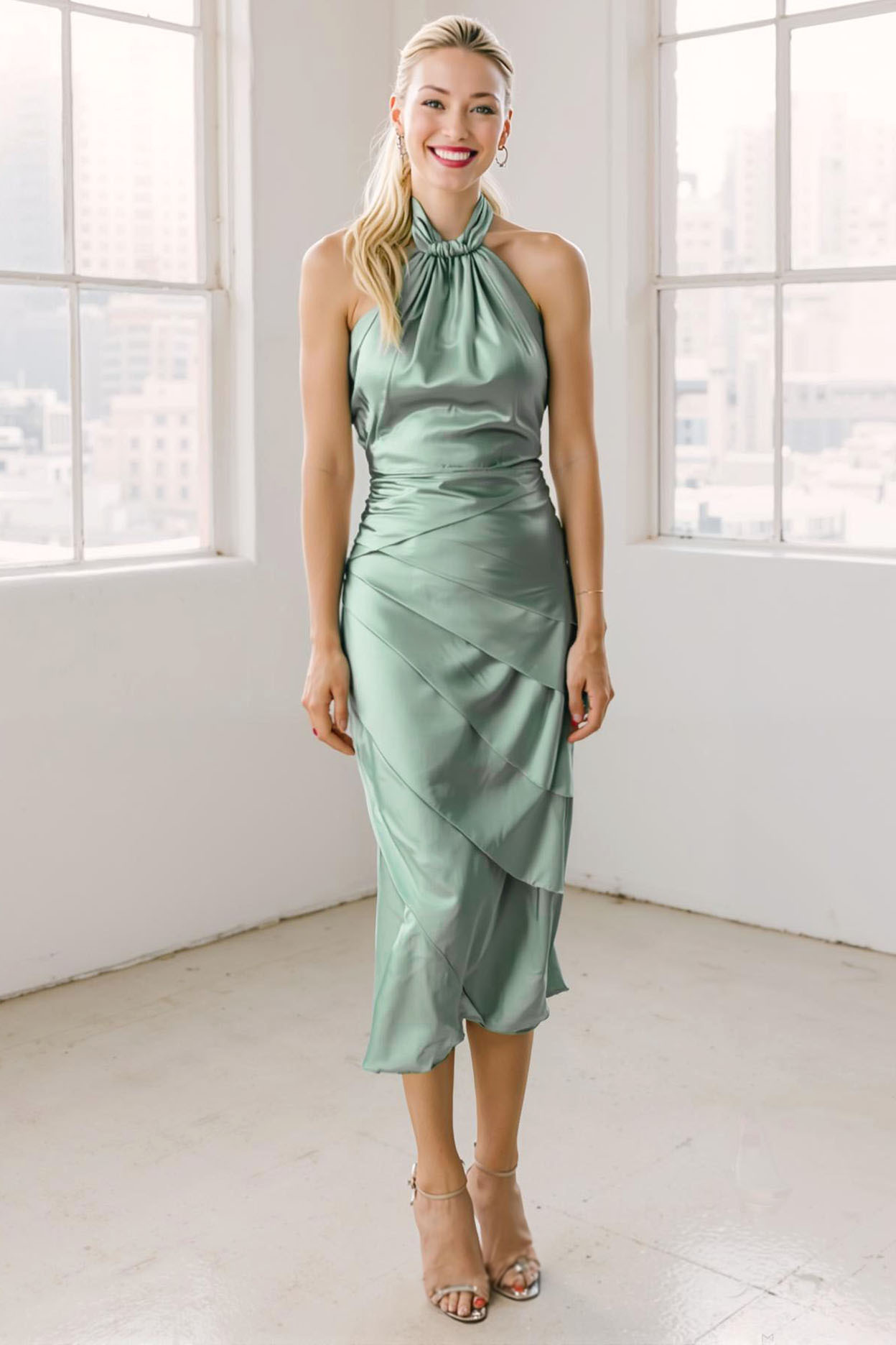 Modecrush Light Pink Ruffled Satin Halter Backless Formal Dress