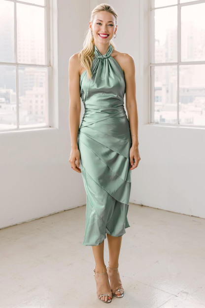 Modecrush Light Pink Ruffled Satin Halter Backless Formal Dress