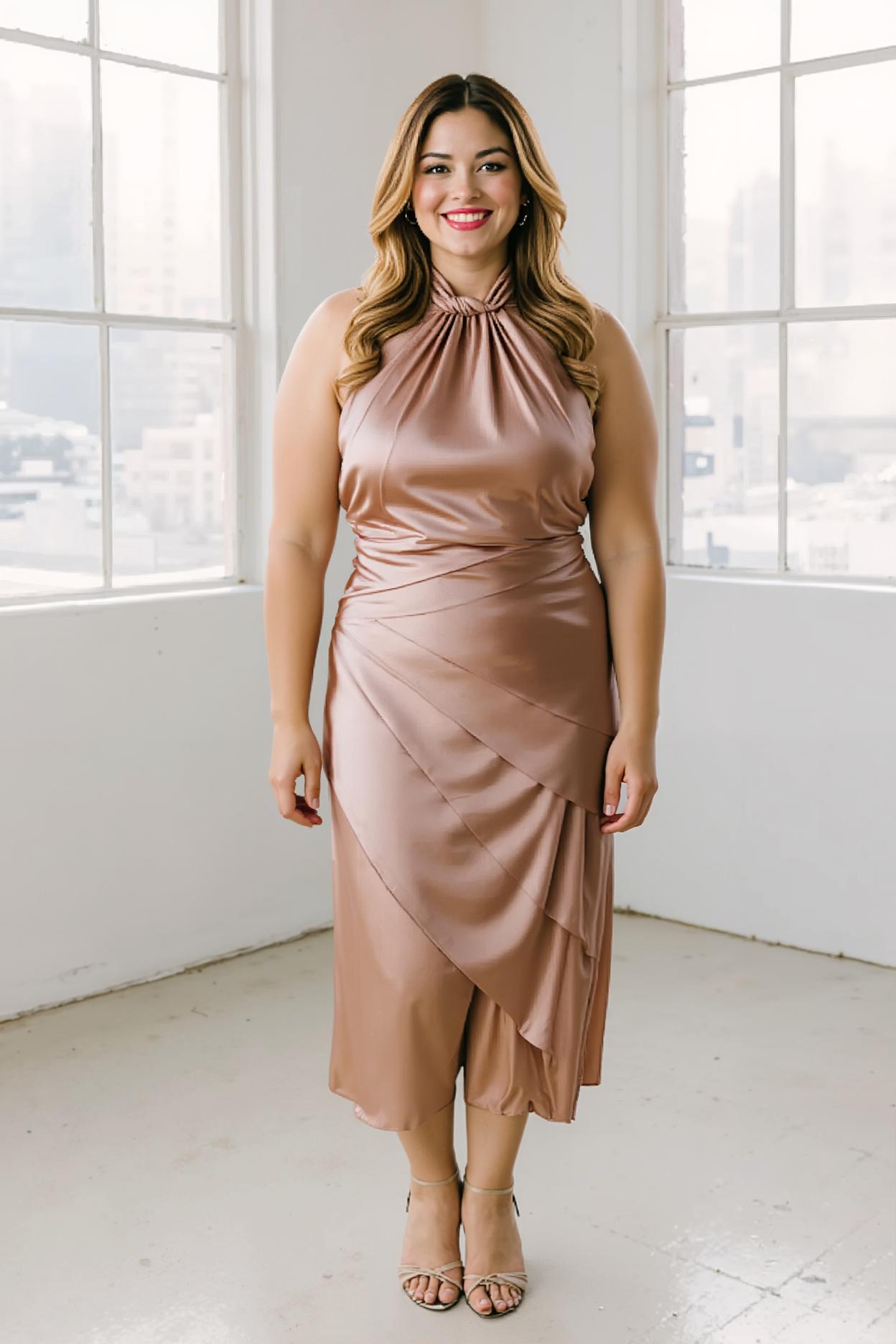 Modecrush Light Pink Ruffled Satin Halter Backless Formal Dress