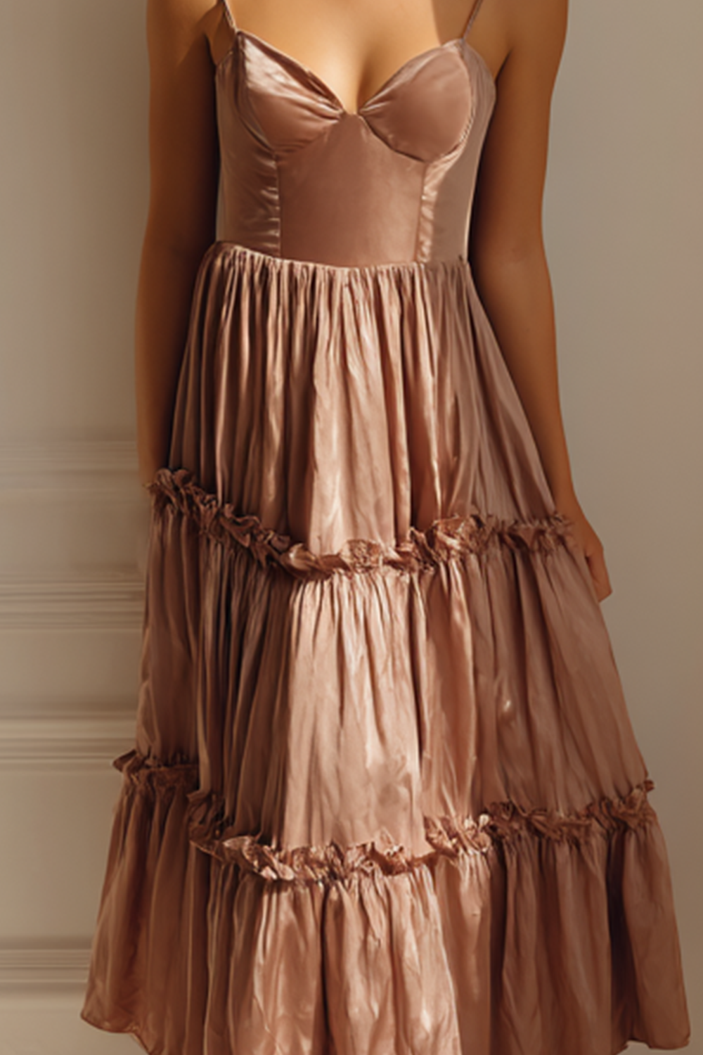 Modecrush Coffee Satin V-Neck A-Line Long Homecoming Dress with Ruffles