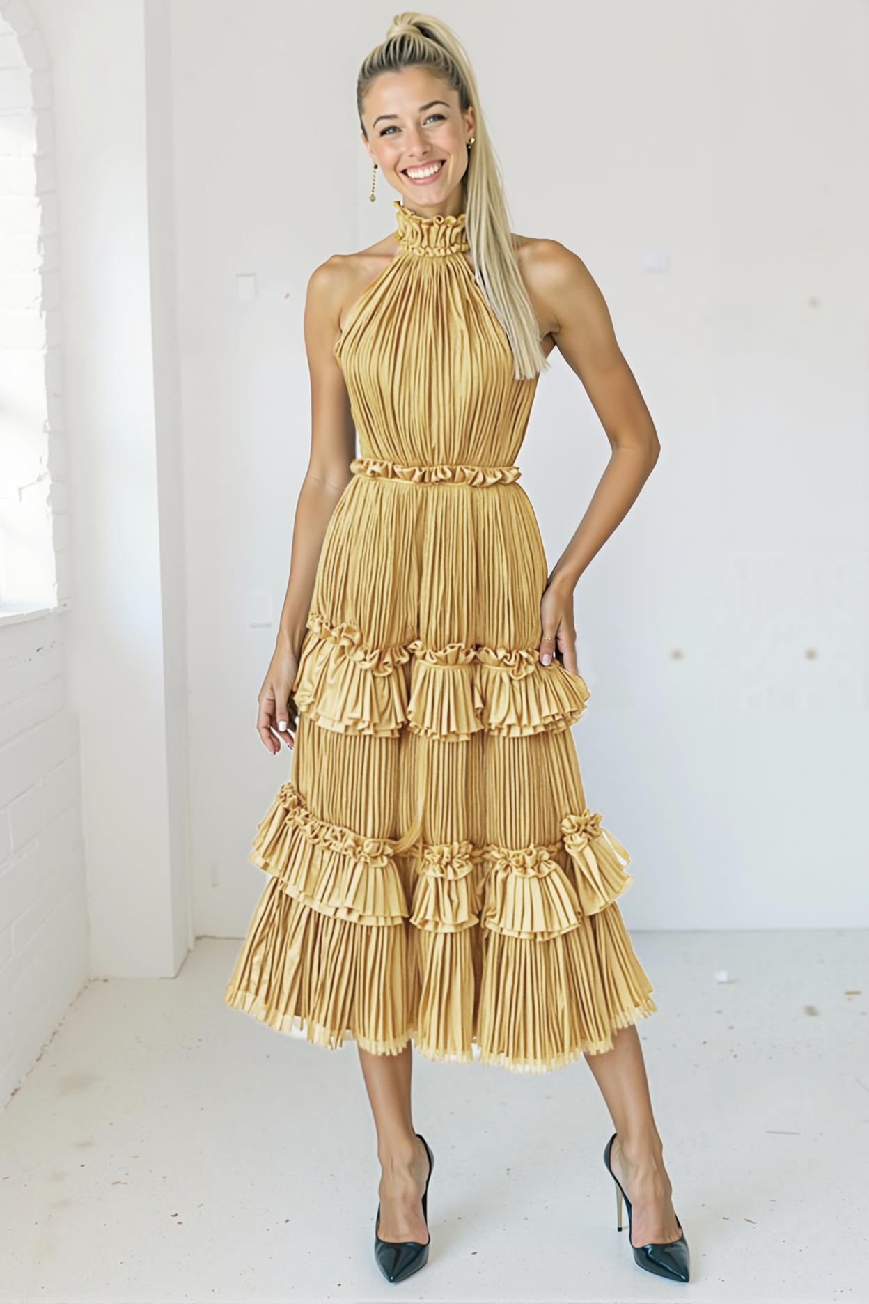 Modecrush Peacock Blue Organza Halter A‑Line Midi Dress with Pleats