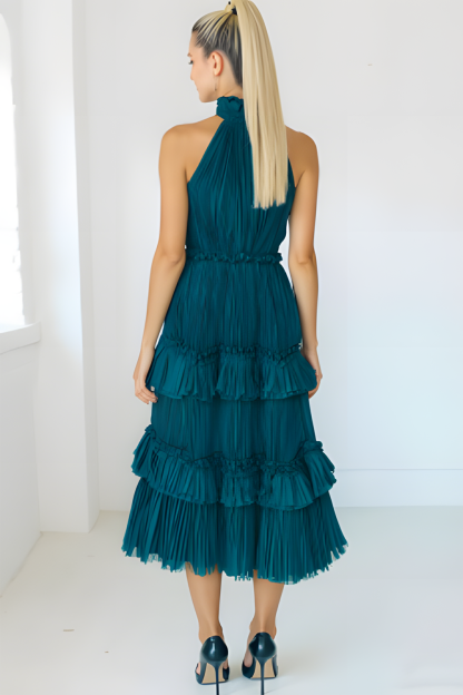 Modecrush Peacock Blue Organza Halter A‑Line Midi Dress with Pleats