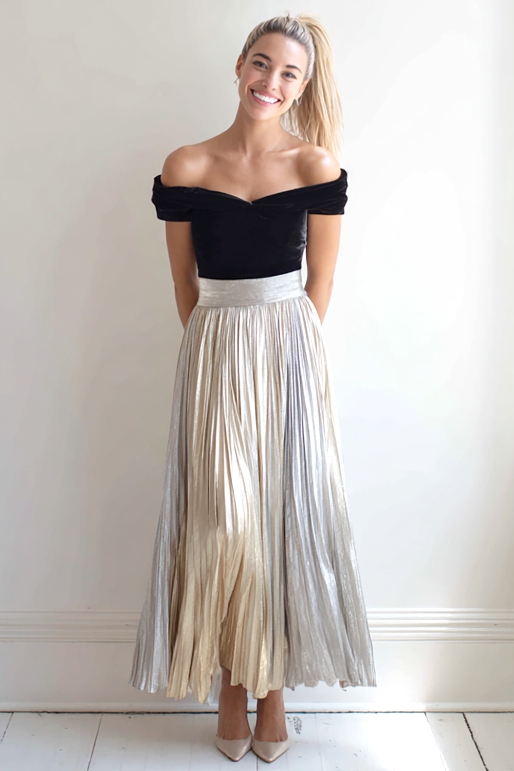 Modecrush Silver & Black Pleated Metallic Satin Off The Shoulder Long Homecoming Dress