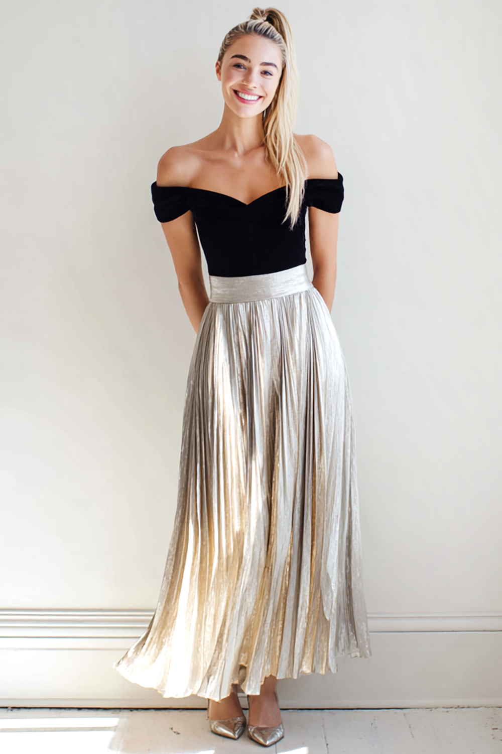 Modecrush Silver & Black Pleated Metallic Satin Off The Shoulder Long Homecoming Dress
