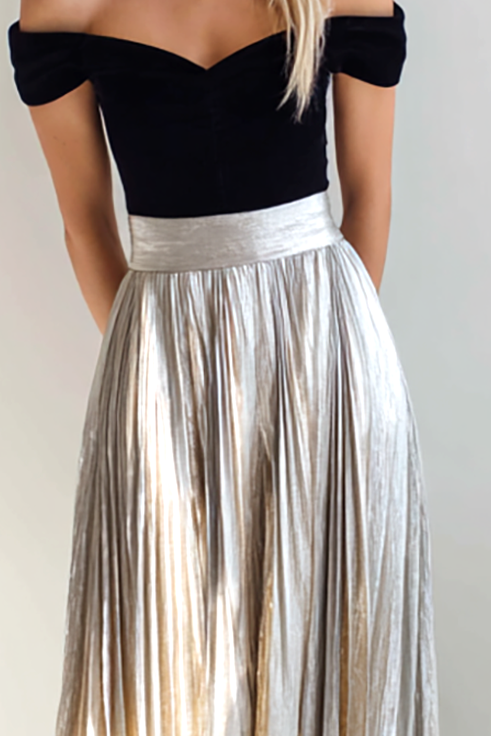 Modecrush Silver & Black Pleated Metallic Satin Off The Shoulder Long Homecoming Dress