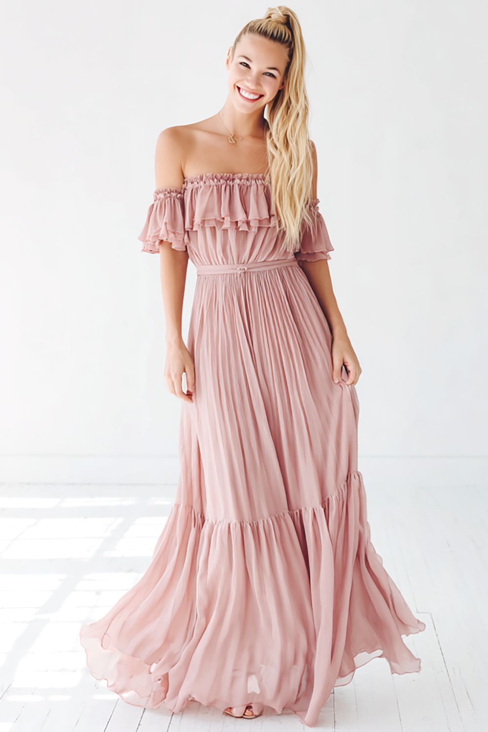 Modecrush Light Pink A-Line Organza Off The Shoulder Pleated Long Formal Dress