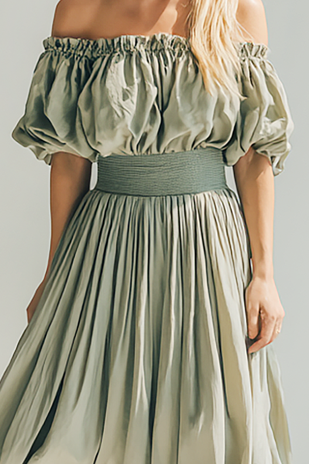 Modecrush Dusty Sage A-Line Off The Shoulder Pleated Long Formal Dress