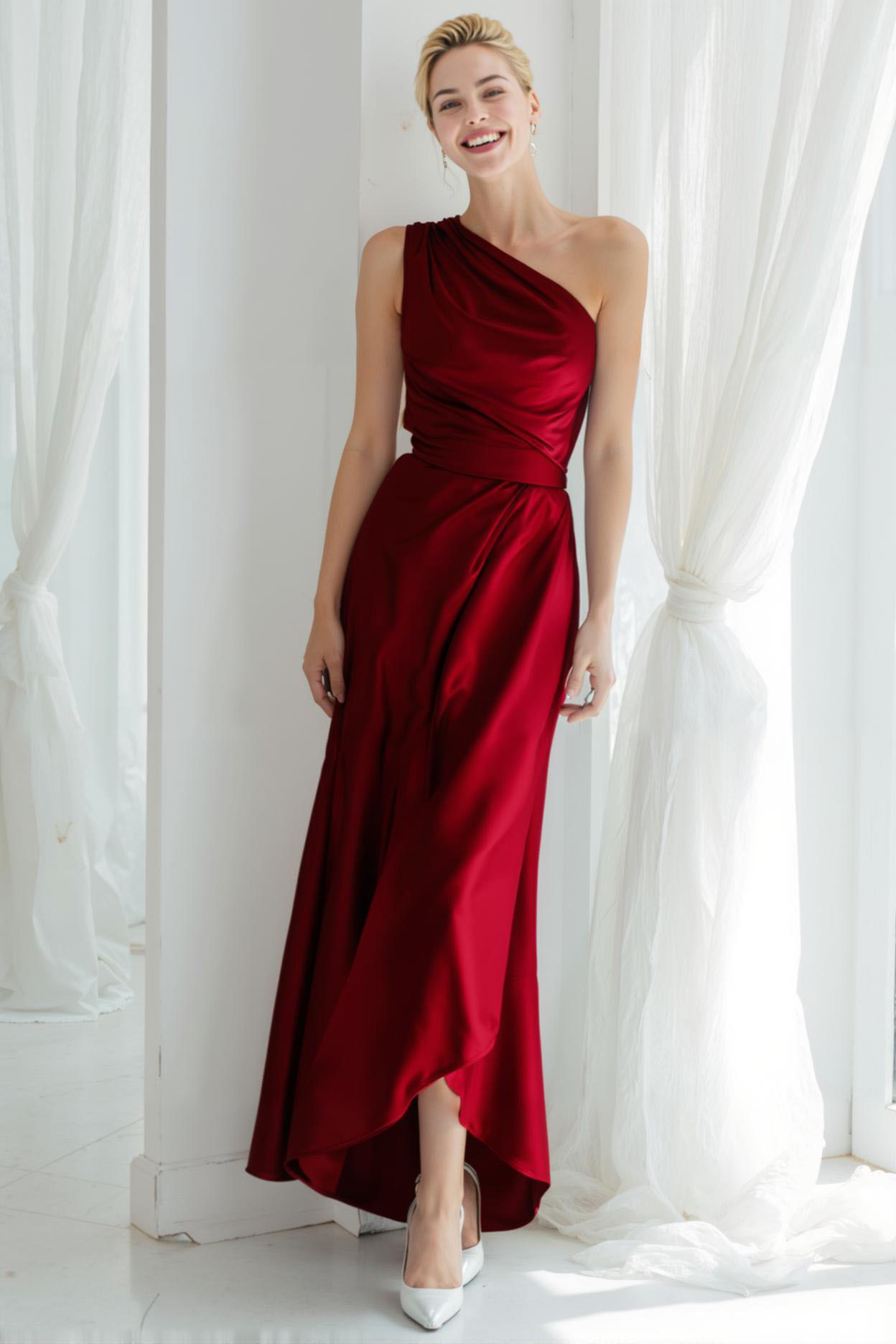 Modecrush Sky Blue A-Line One Shoulder Satin Long Formal Dress