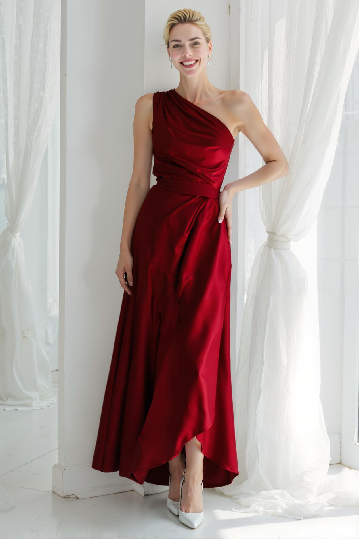 Modecrush Sky Blue A-Line One Shoulder Satin Long Formal Dress