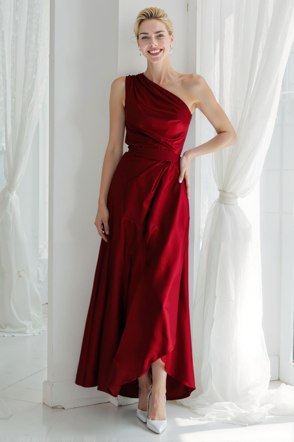 Modecrush Sky Blue A-Line One Shoulder Satin Long Formal Dress