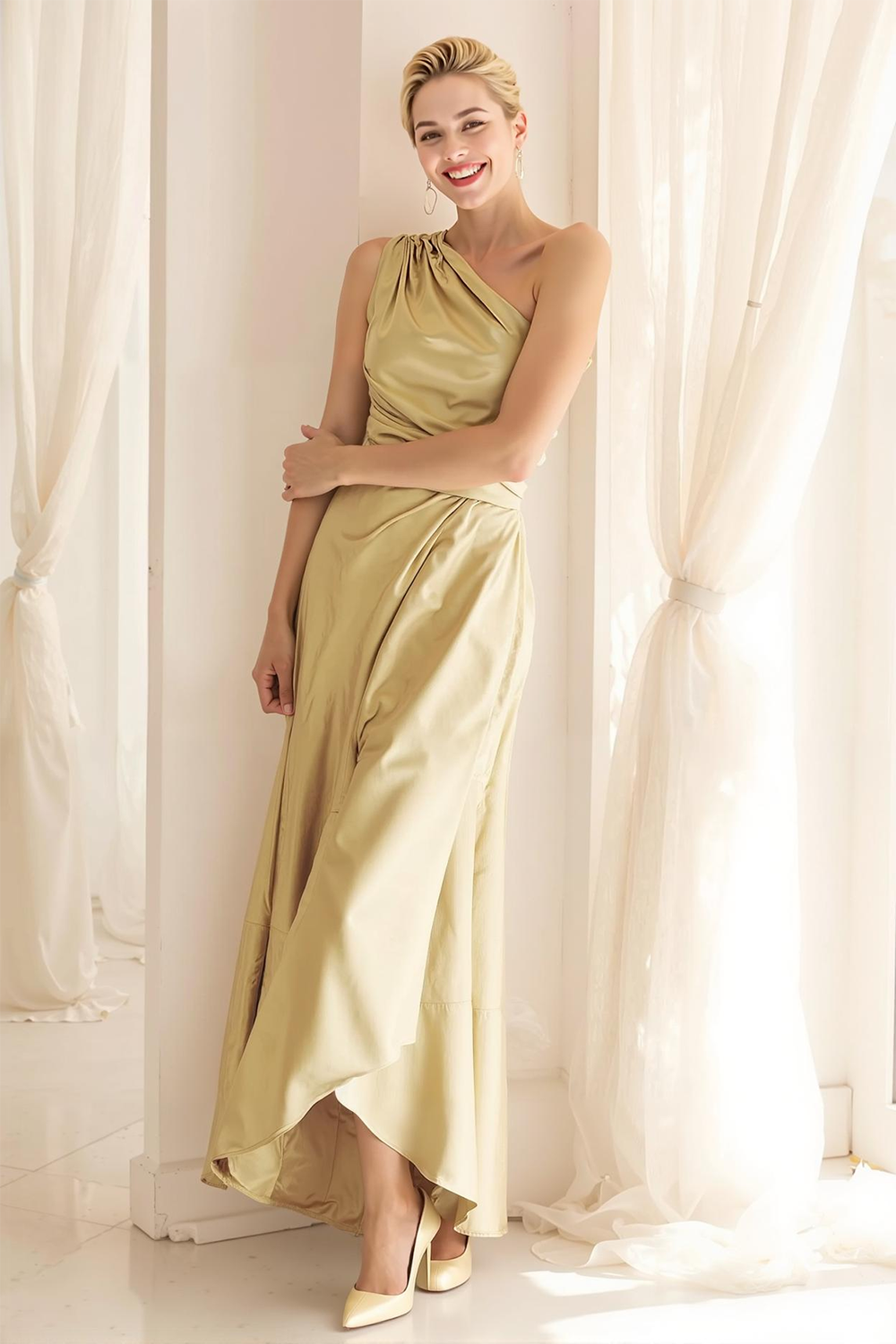 Modecrush Sky Blue A-Line One Shoulder Satin Long Formal Dress