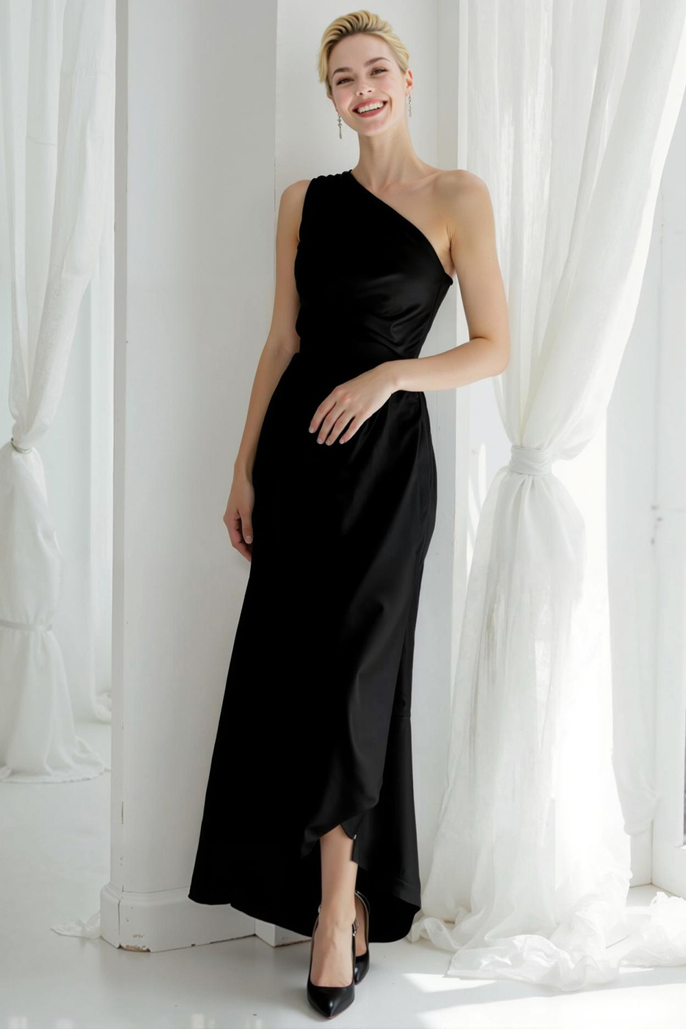 Modecrush Sky Blue A-Line One Shoulder Satin Long Formal Dress