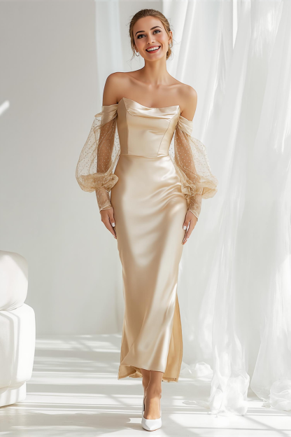 Modecrush Champagne Sheath Off the Shoulder Satin Long Formal Dress with Long Sleeves