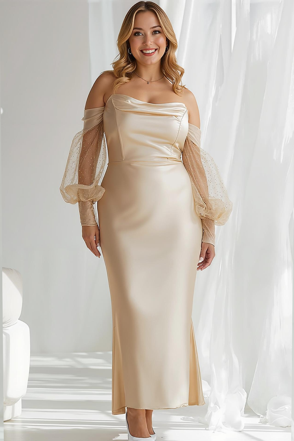 Modecrush Champagne Sheath Off the Shoulder Satin Long Formal Dress with Long Sleeves