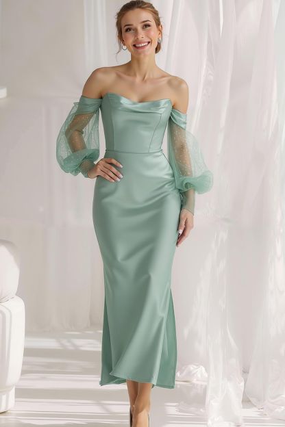 Modecrush Champagne Sheath Off the Shoulder Satin Long Formal Dress with Long Sleeves