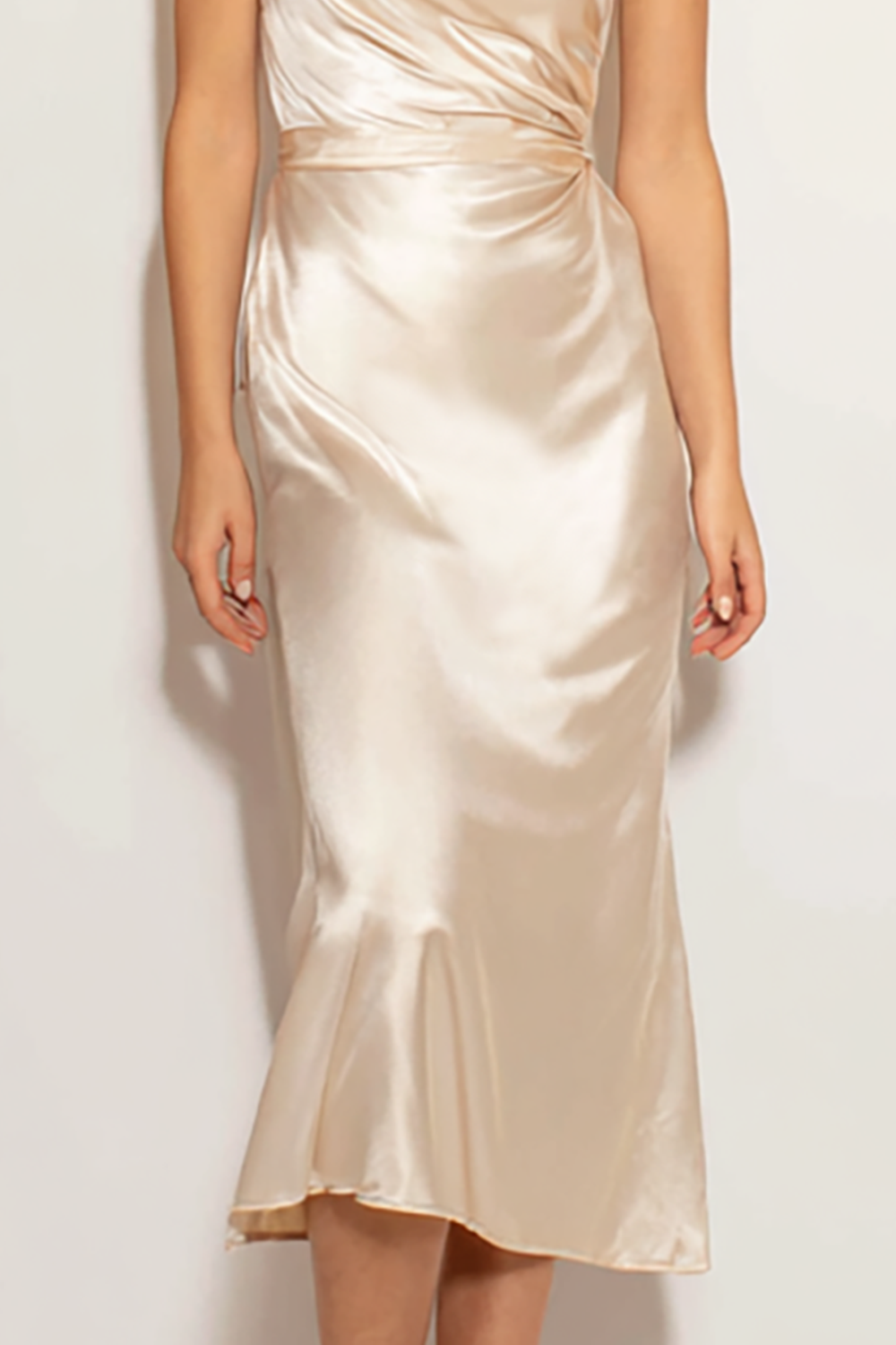 Modecrush Champagne Sheath One Shoulder Satin Midi Formal Dress