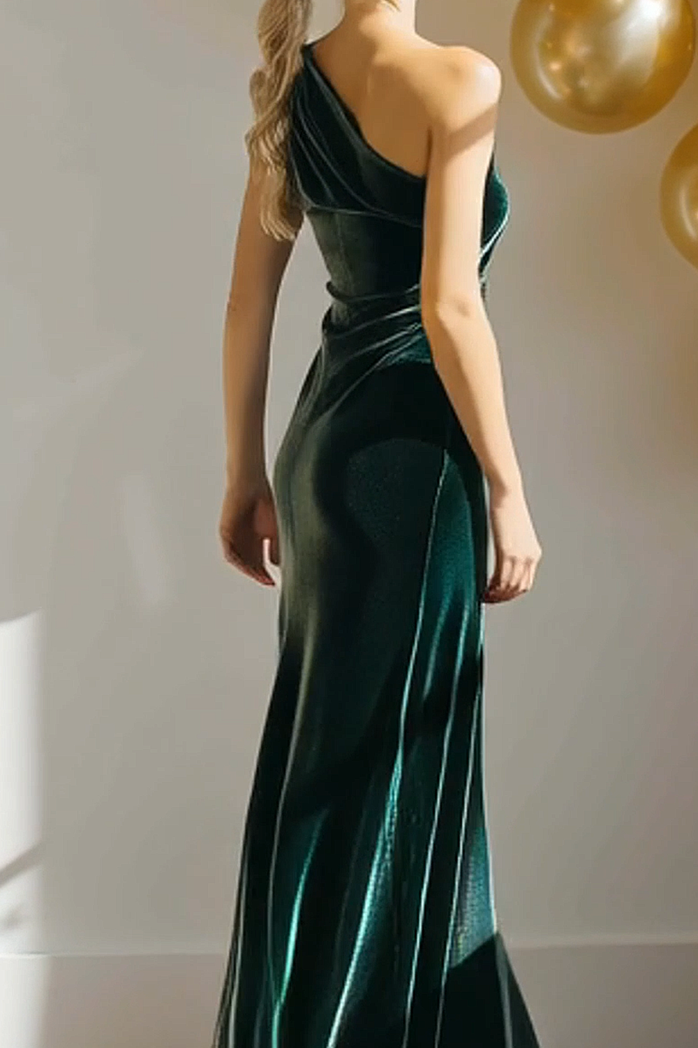 Modecrush Dark Green Sheath One Shoulder Velvet Long Formal Dress 