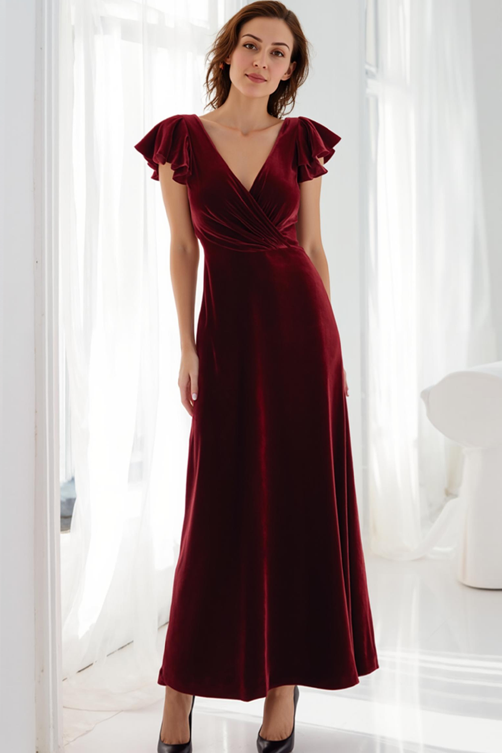 Modecrush Cabernet A-Line V Neck Velvet Long Formal Dress with Ruffles